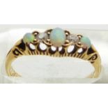 Edwardian 18ct gold ring set with opals and diamonds, Birmingham 1902, 3.1g, size O