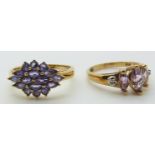 A 9ct gold ring set with tanzanites and a 9ct gold ring set with amethysts and diamonds, 5.2g