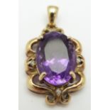A 9ct gold pendant set with an oval cut amethyst and diamonds, 4.4g
