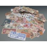 Over 260 used world banknotes etc, a few crisp, one consecutive pair, includes Germany, Russia,