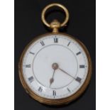 18ct gold open faced pocket watch with gold hands, black Roman numerals, stepped white enamel dial