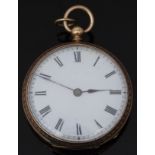 Continental 14ct gold open faced pocket watch with blued hands, black Roman numerals, white enamel
