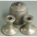 Tudric pewter Arts and Crafts hammered candlesticks, shape 01417 and a tobacco jar 01314, height