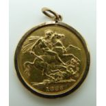 1885 Queen Victoria young head gold full sovereign in a 9ct gold pendant surround, Melbourne Mint