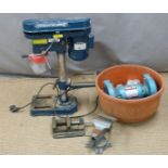 Silverline pillar drill, bench grinder, vices etc