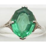 Art Deco platinum ring set with a mixed cut tourmaline and diamonds to the shoulders, 4.4g, size S