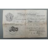 L K O'Brien 1955 white five pound note 31/8/55 no. A 66A 086347, folded, shop stamped verso