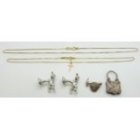 Two 18ct gold chains (5.7g), Victorian charm set with agate, silver brooch and Vivienne Westwood