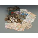 A collection of UK and overseas coins, banknotes, holiday change etc, small silver content