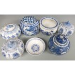 Four Chinese blue and white ginger jars, a Chinese blue and white bowl, a Chinese flower pot and a
