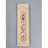 Set of six Guinness fancy vest buttons on original card, including toucan, seal, tortoise etc