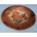 Studio pottery large charger/ shallow dish with fish decoration, diameter 48cm