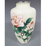 Japanese cloisonné vase with decoration depicting a rose and white metal mounts, 18cm tall