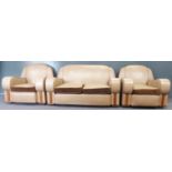 Art Deco three piece suite, sofa width 146cm