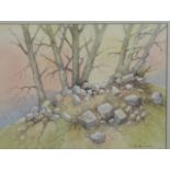 H Royston Hudson, watercolour of outcrop of trees at sunrise, 32 x 42cm, framed and glazed