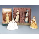 Three Albany, Worcester porcelain figures from the Edwardian Series, in boxes, and two Royal Doulton