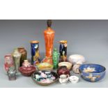 Ruskin pottery lamp, Bretby bowls, Art Deco vases etc, tallest 25cm