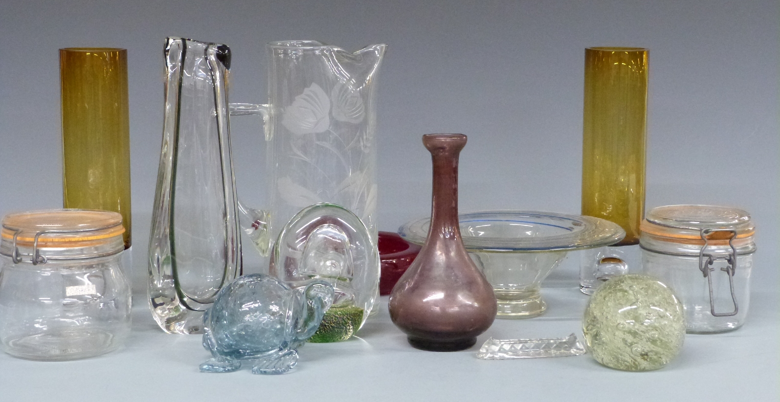 Collection of twelve glass pieces including vase signed Tosi and a vintage drinks jug