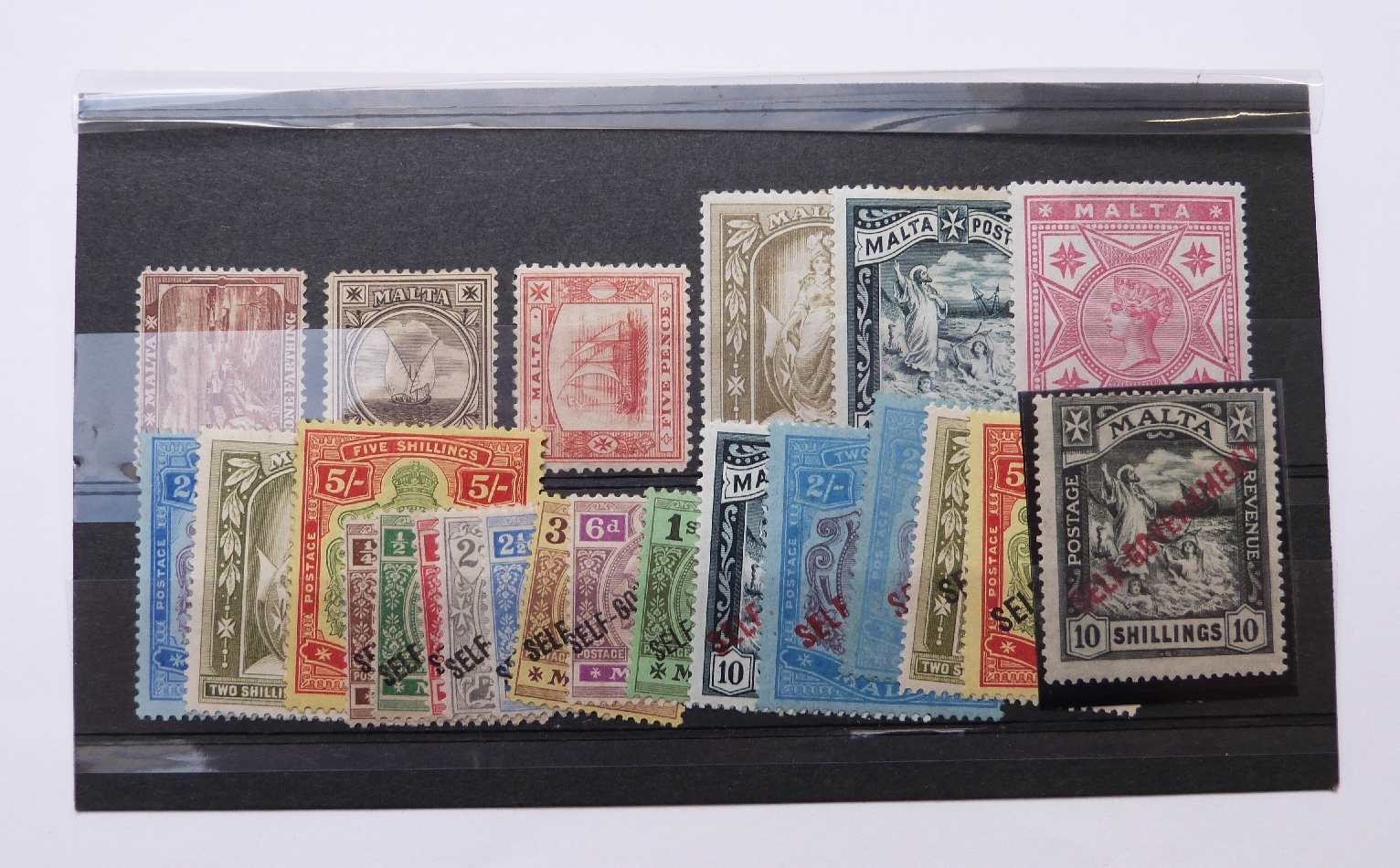 Malta mint stamps. 1886 5s. 1899-1901 1/4d-10s. 1922 1/4d-10s. 1922-26 £1. 1926-27 1/4d-10s.