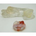 Chinese rock crystal carving of a recumbent horse and an agate model of a monkey and horse