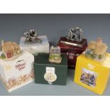 Two Tudor Mint Myth & Magic figures including The Hobbit and three Lilliput Lane cottages, all boxed