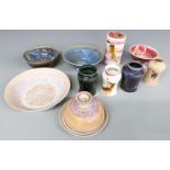 A collection of Leslie Parrot Studio pottery vases, bowls and covered containers, tallest 15cm