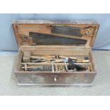 Victorian tool box with layered and fitted interior, with woodworking / carving chisels and brass
