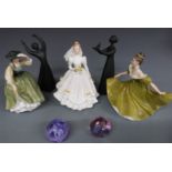 Royal Doulton figures including Bride (white), Caithness paperweights etc, tallest 27cm
