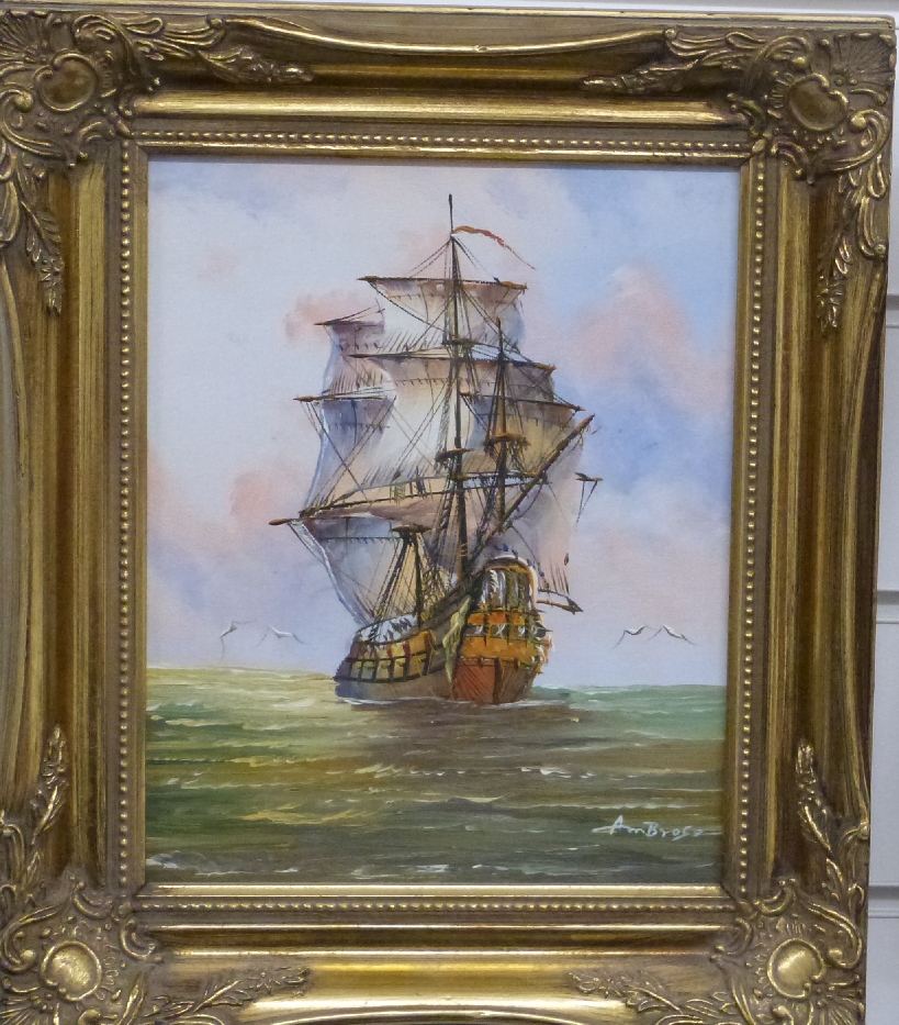 Three oil paintings of ships on quiet seas, two signed Ambrose 20 x 24cm and 24 x 29cm, and the - Image 5 of 9