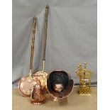 Copper coal scuttle, companion set and two warming pans