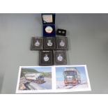 Five Eddie Stobart collectors pocket watches together with an enamelled Roger Bannister pin dish and