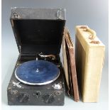 Columbia 'Viva Tonal Grafonola' vintage portable wind up gramophone and a quantity of shellac