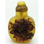 Chinese 19thC lacquer scent bottle with raised decoration depicting carp and lily pads, 8cm tall