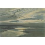 Peter Scott (1909-1989) signed print birds over river at sunset 1937, 25 x 38cm, framed and glazed