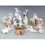 Continental bisque piano babies, further Continental and Staffordshire figures etc, tallest 24cm