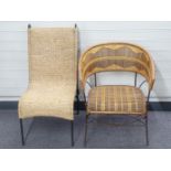 Two wicker/rafia wrought iron chairs