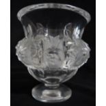 Lalique Dampierre glass vase decorated with sparrows amongst foliage, 12.5cm tall