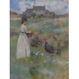 Percy C Bovill (Newlyn School, 1883-1907) oil on canvas lady feeding turkeys with farm beyond,