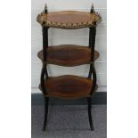 French inlaid three tier whatnot with ebonised bentwood legs and ormolu mounts, W42 x H83cm