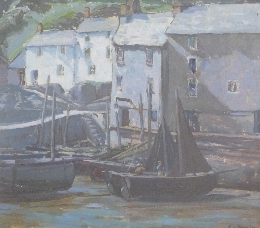 Ethel L Rawlins (1877-1962) oil on board 'Old Homes, Polperro' Cornish harbour scene, signed lower