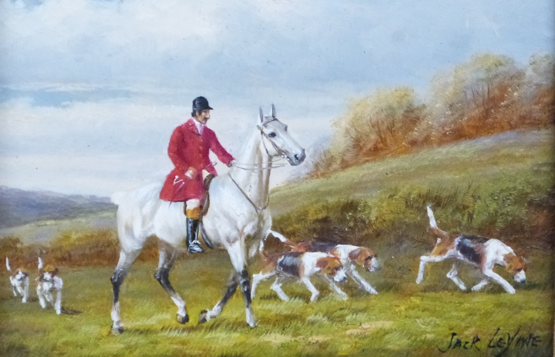 Jack Leyne oil on board of a huntsman with hounds, signed lower right, 11 x 16cm, framed and glazed