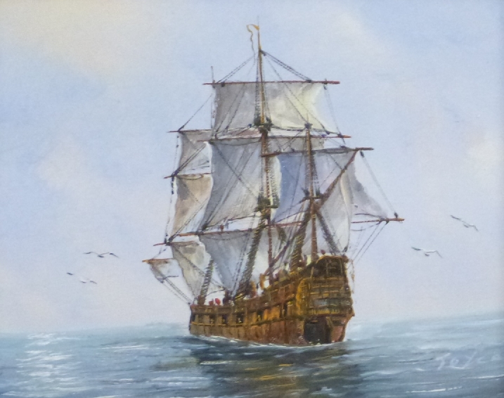 Three oil paintings of ships on quiet seas, two signed Ambrose 20 x 24cm and 24 x 29cm, and the - Image 8 of 9