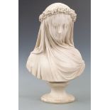 19thC Crystal Palace Art Union bust 'The Veiled Bride' on circular socle, possibly Copeland Spode,