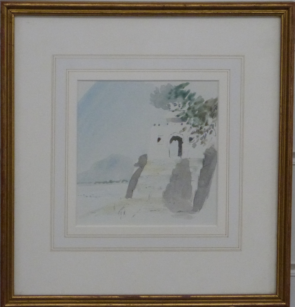 Attributed to Sir Hugh Casson, watercolour 'Landing Stage Udaipur', label verso, 12 x 12cm, framed - Image 2 of 3