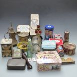 Quantity of vintage tins, miner's lamp, bottles etc