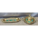 Possibly French brass and malachite inkwell and pen tray
