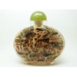Japanese reverse painted large glass scent bottle with hardstone stopper, 10.5cm tall