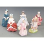 Six Royal Doulton figurines including Good Two Shoes, Peggy, Mary Mary, Tinkle Bell etc tallest