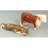 Beswick first version Hereford bull and a Royal Doulton large stalking fox HN147A, tallest 14cm