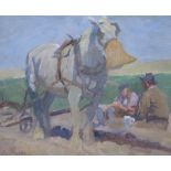 Evelyn Harke oil on canvas, 'A Rest From Ploughing', figures and horse with nosebag resting in a